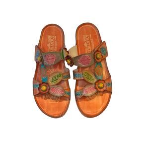 L’Artiste Pillow Soft Artsy Colorful Leather Low Wedge Summer Sandal size 8.5